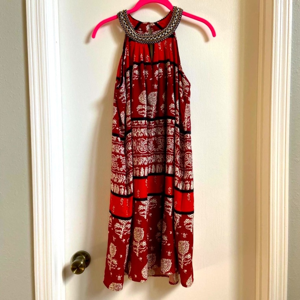 Ranna Gill Red Printed Halter Dress with Beaded Neckline